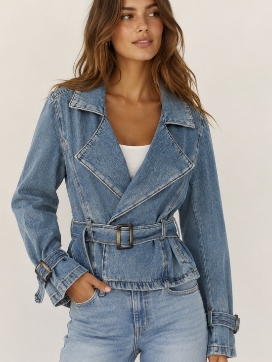 Habitual Jackets & Blazers - Habitual Wrap Tie Cropped Moto Trench Medium Wash Blue Jean Denim Belted Jacket